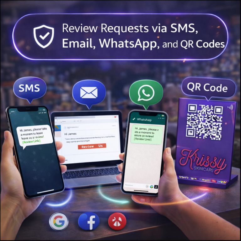review manager software review requests via SMS, email, WhatsApp, and QR codes